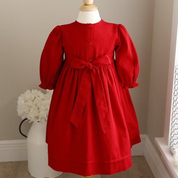 Red Smocked Dress Long Sleeve Green & White Embroidery 100% Cotton Bedford Cord - Picture 4 of 6